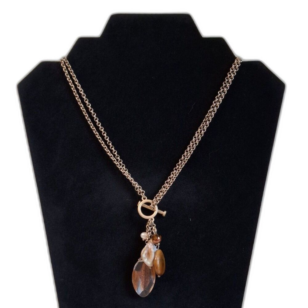 Lia Sophia Gold Toned Double Strand Tigers Eye and Bead Pendants Toggle Necklace